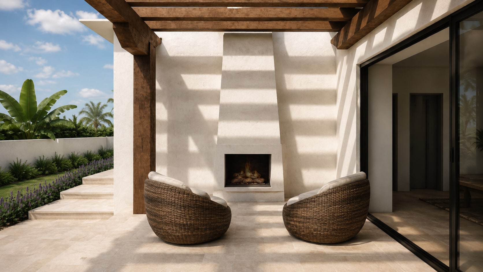 Porche con pérgola de madera y chimenea de obra con el fuego recién prendido, dos butacas de fibra, el jardín de plataneras a un lado y la corredera de la casa al otro