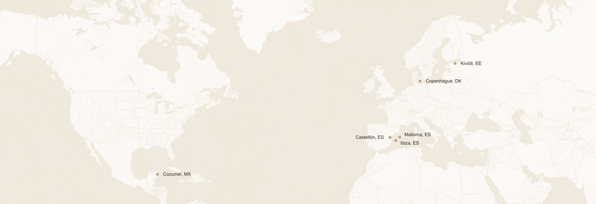 Mapa del mundo con los lugares donde el estudio ha trabajado: Ibiza, Mallorca y Castellón en España, Copenhague en Dinamarca, Cozumel en México y Kiviõli en Estonia