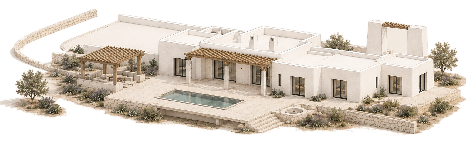 Axonometría desde el jardín: la casa de una planta sobre su bancal, con la piscina alargada, el porche de pérgola frente a ella y la pérgola suelta del estar a la izquierda
