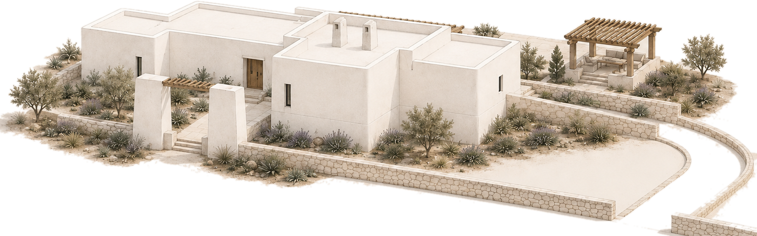 Axonometría desde el acceso: la puerta de entrada entre los dos muretes, el paseo de lavanda y romero, y la pérgola del estar al otro lado del bancal
