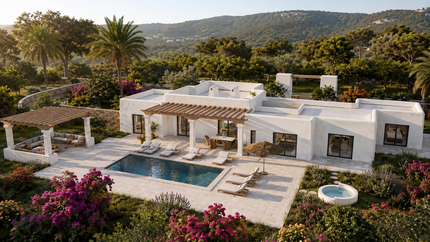 Vista aérea de Can Costa: la casa de cal blanca en torno a la piscina, con la pérgola de madera, el jacuzzi y las colinas boscosas al fondo
