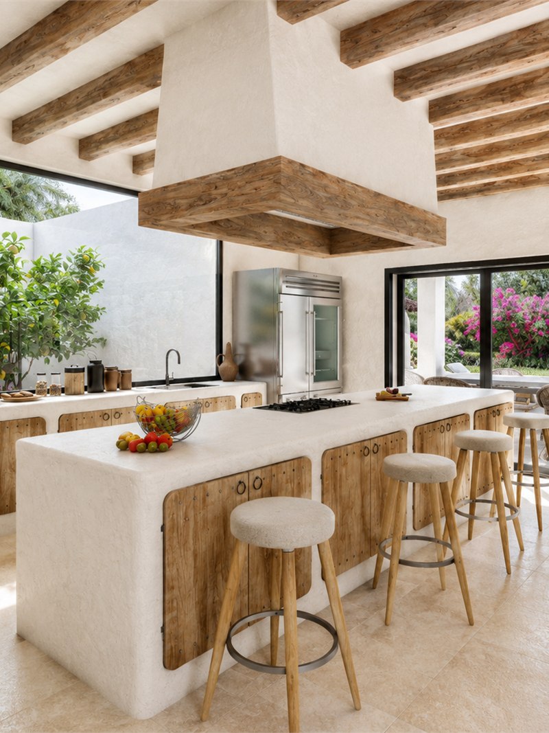 Cocina con isla y campana de obra encaladas, frentes de madera, taburetes tapizados y ventanal al patio del limonero