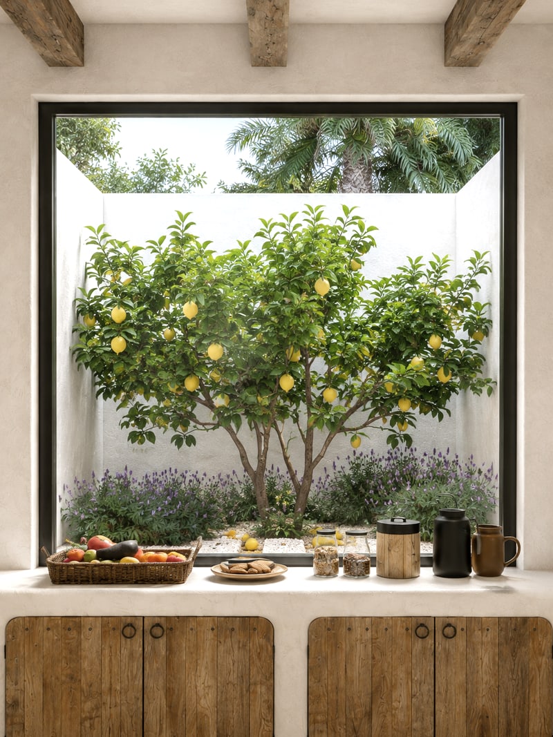 Ventanal de la cocina abierto de frente al patio, con el limonero contra el muro de cal, la lavanda a sus pies y la encimera de obra con frentes de madera bajo la ventana