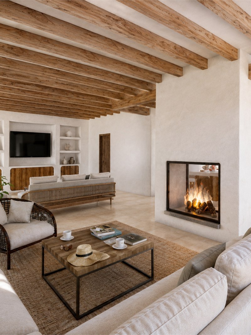 Salón bajo techo de vigas de madera vista, con chimenea de doble cara, sofás de lino, butaca de rejilla y mesa baja sobre alfombra de fibra