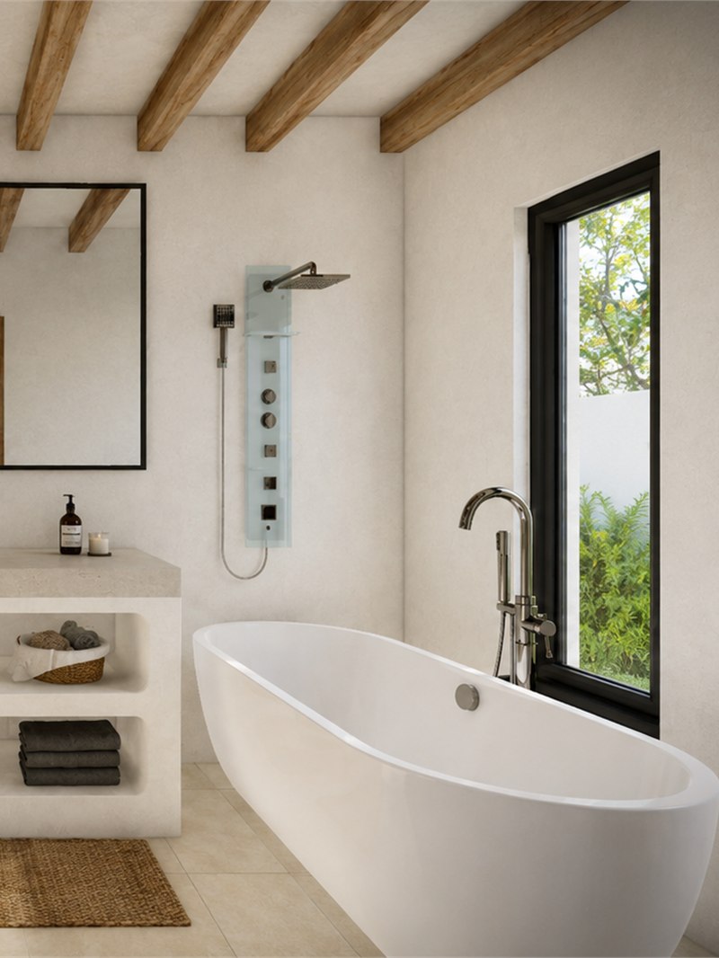 Baño principal con bañera exenta junto a la ventana, columna de hidromasaje y mueble de obra con hornacinas para las toallas