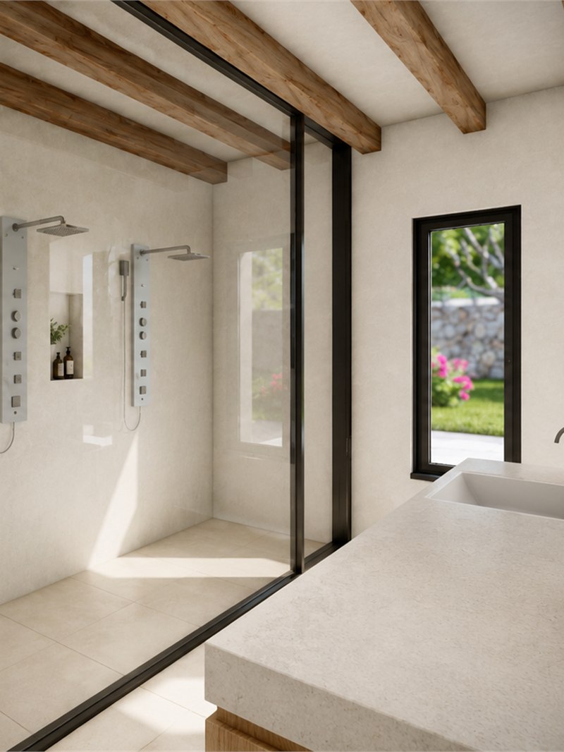 Ducha de obra con dos columnas de hidromasaje tras una mampara de vidrio y perfil negro, con la encimera del lavabo en primer término