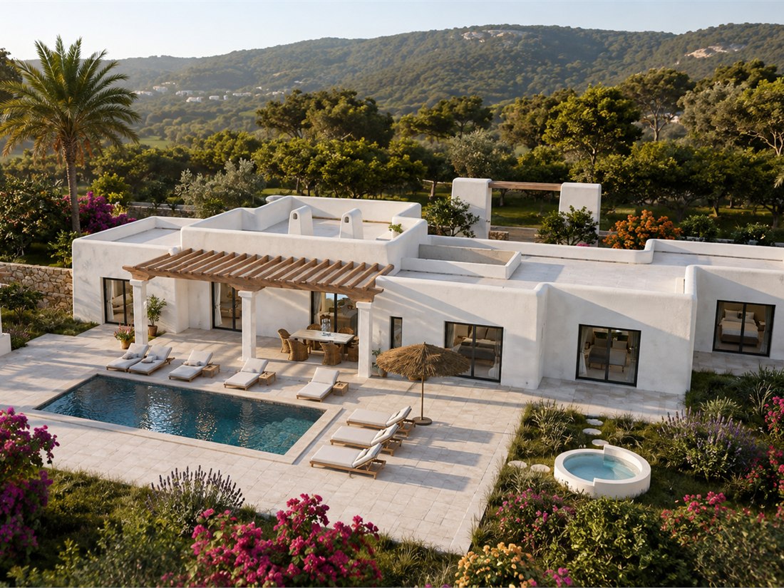 Can Costa desde el aire: la casa blanca de una planta con su piscina, el porche de pérgola y el jardín florido, sobre las colinas de la isla