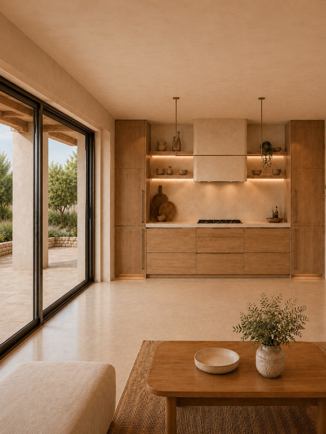 Cocina de madera clara con campana de obra, abierta al patio por una gran corredera