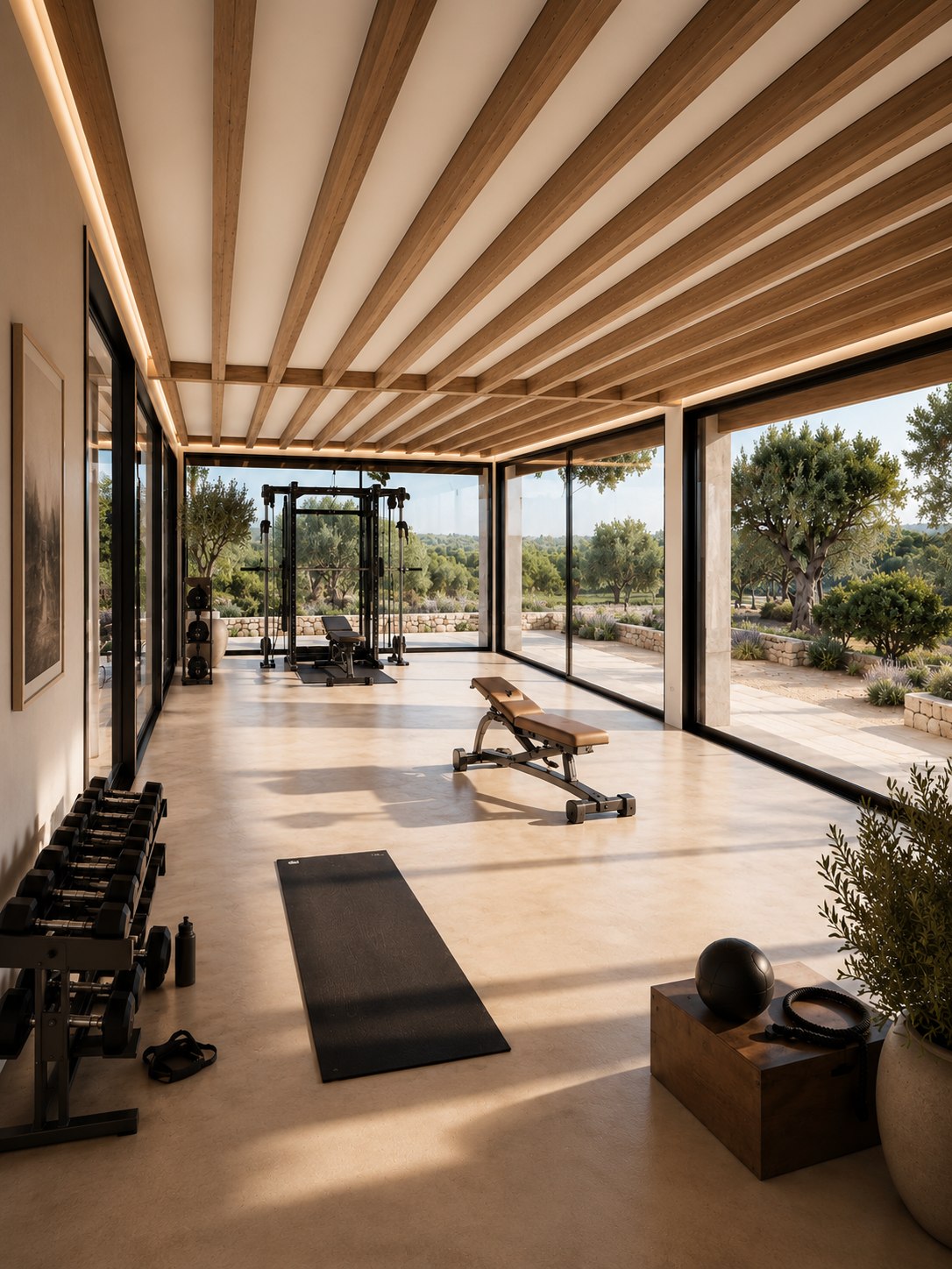 Sala de entrenamiento con vigas de madera vista y ventanales corridos al olivar