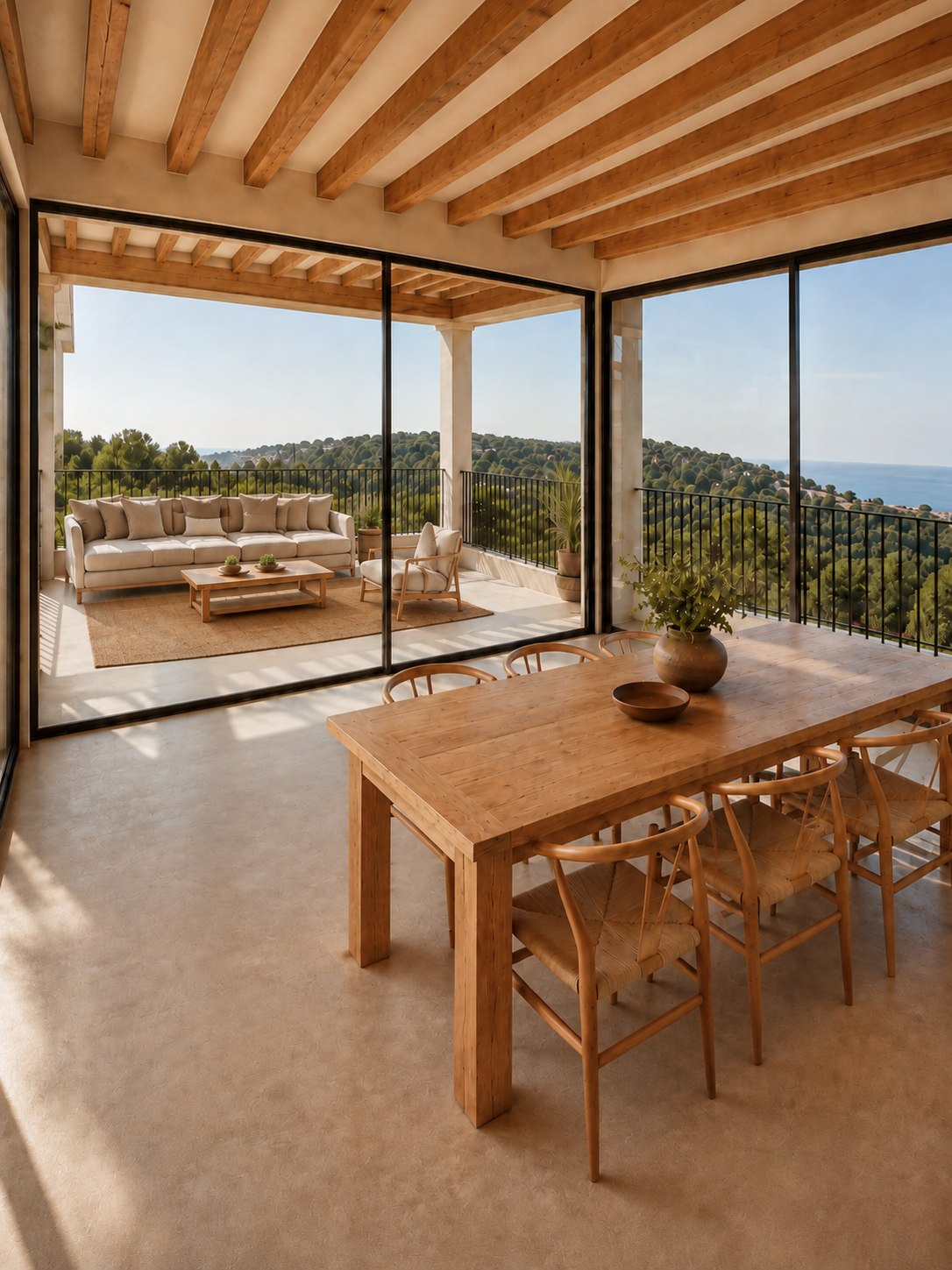 Comedor de mesa de roble abierto a la terraza cubierta, con el pinar y el mar al fondo