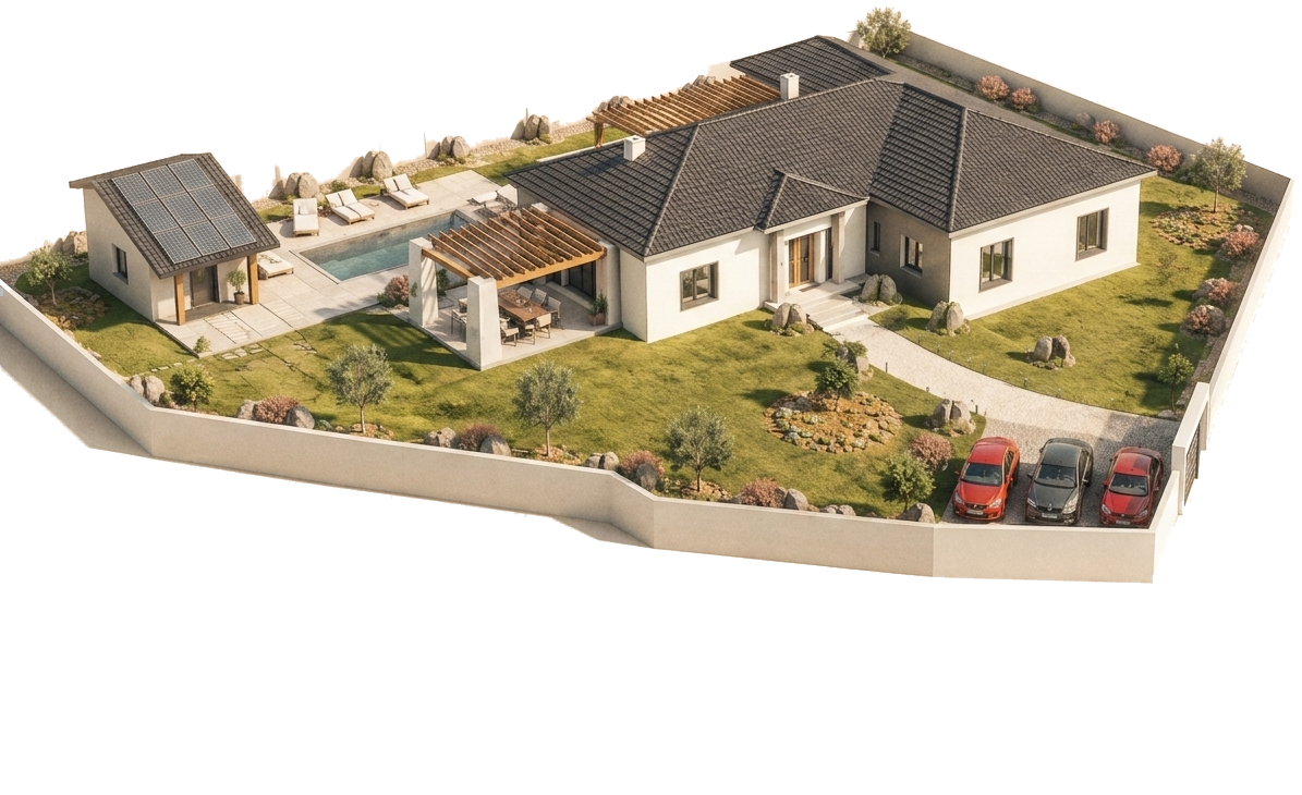 Axonometría del conjunto desde el sur: la vivienda en L con cubierta de teja oscura, la piscina con sus tumbonas, el porche de pérgola, el anexo con placas solares y el aparcamiento junto al acceso