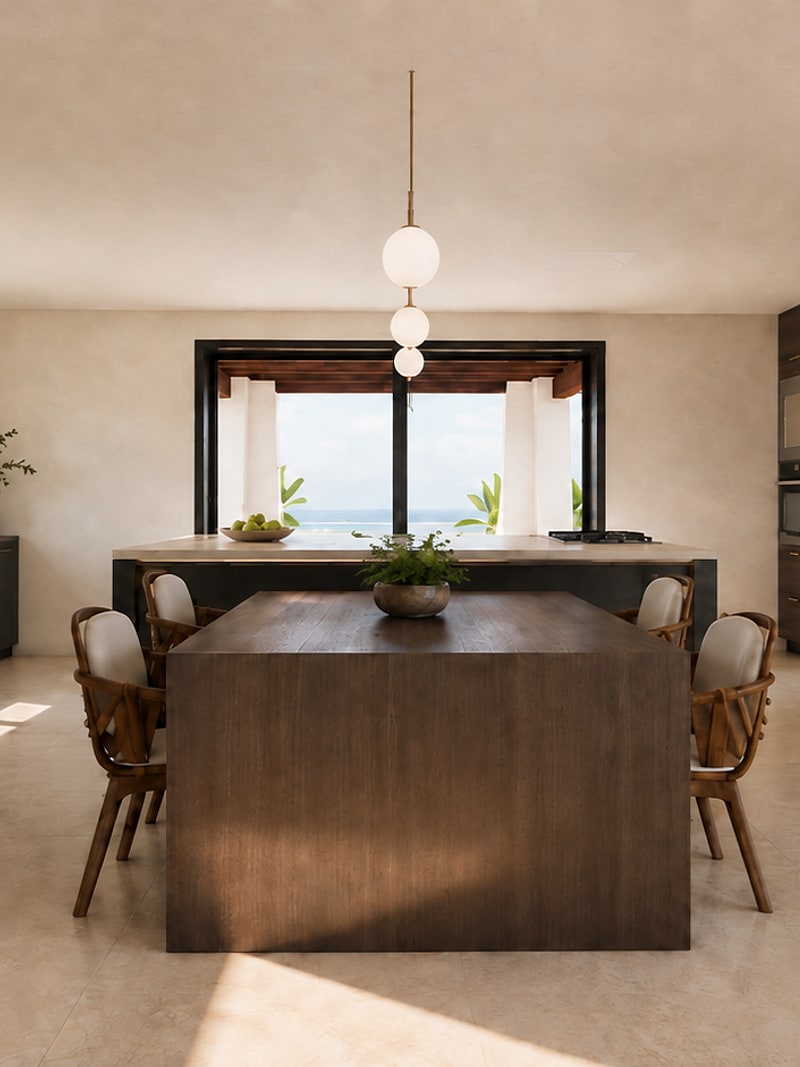 Comedor con mesa de madera oscura y sillas de rejilla, bajo lámparas de esfera y con la ventana al mar detrás