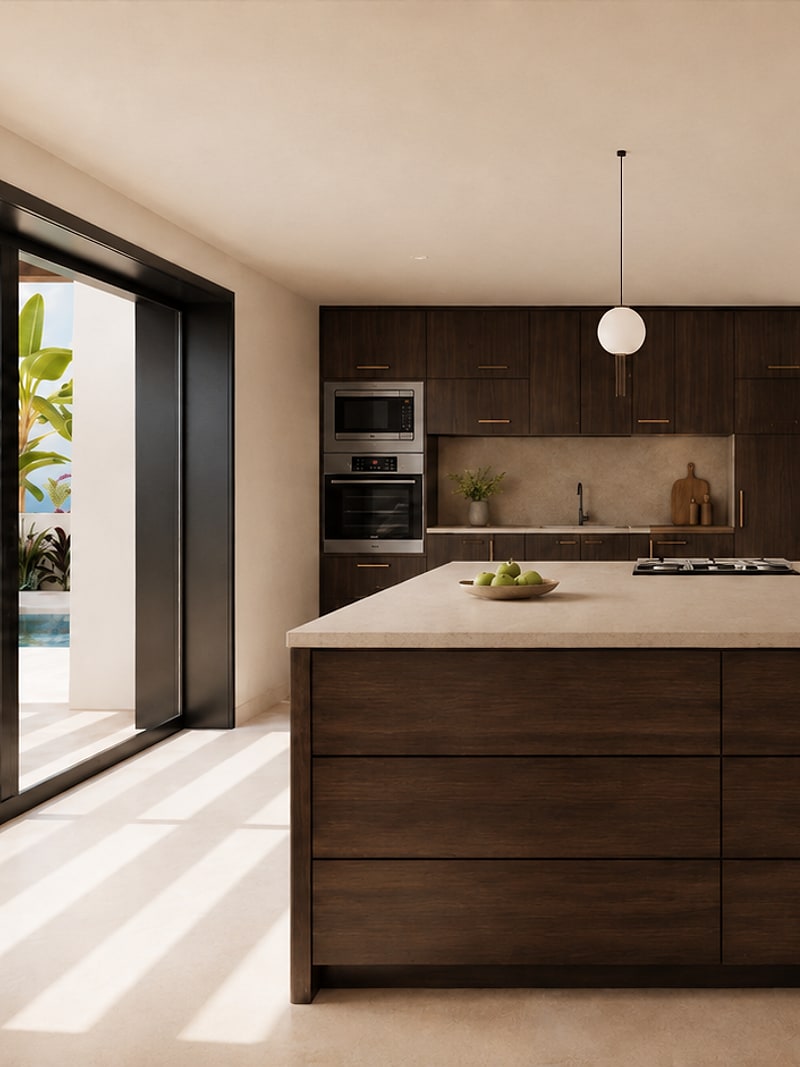 Cocina con isla de madera oscura y encimera de piedra, los muebles altos con el horno al fondo y la corredera abierta a la piscina y las plataneras