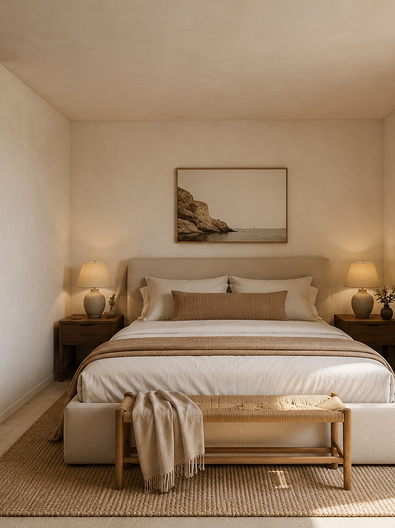 Dormitorio principal con la cama vestida en lino, mesillas de madera, banco a los pies y alfombra de fibra