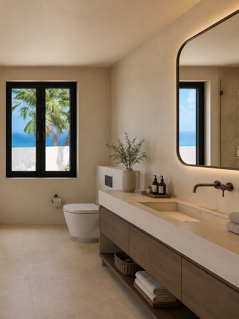 Baño con mueble corrido de obra, espejo iluminado y grifería mural, con la ducha y la ventana al mar a un lado
