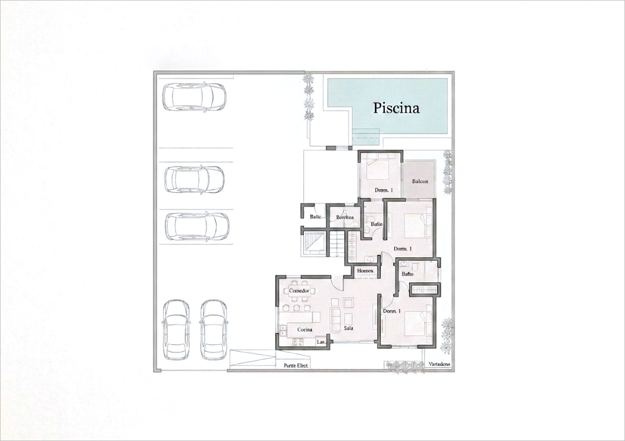 Planta baja sobre la parcela: aparcamiento en batería, vivienda de tres dormitorios y piscina al fondo