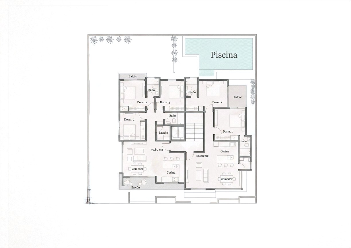 Planta tipo con dos viviendas por rellano, de 99,80 y 66,00 m², con sus balcones y el núcleo de escalera y ascensor