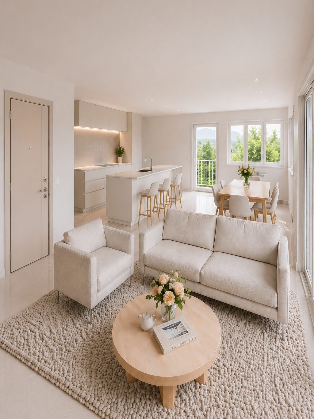 La zona de día desde la entrada: cocina con isla y taburetes, comedor junto a la ventana y salón con alfombra de lana