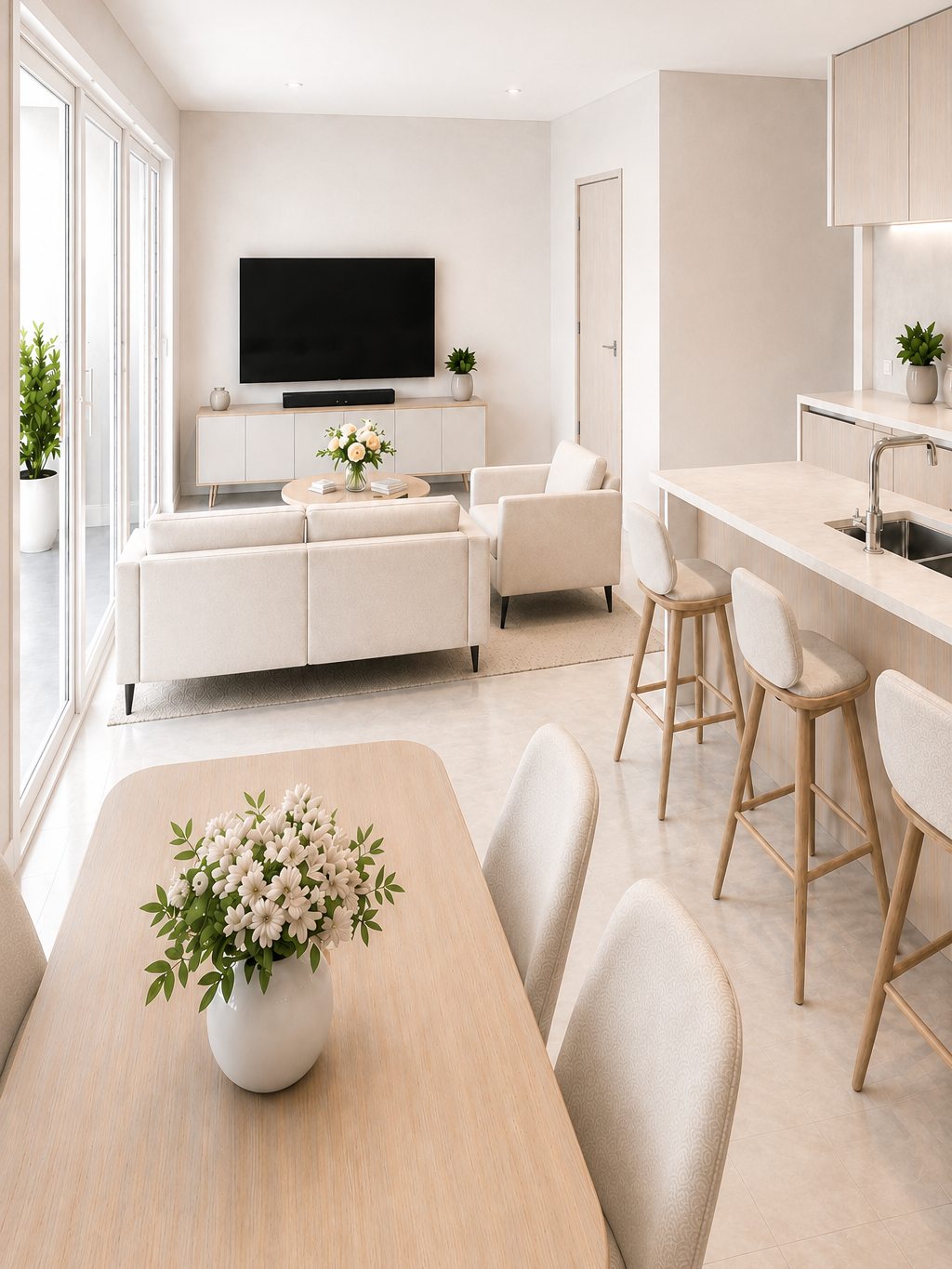 Salón con mueble bajo de televisión frente a la corredera de la terraza, y la barra de la cocina con taburetes de madera clara