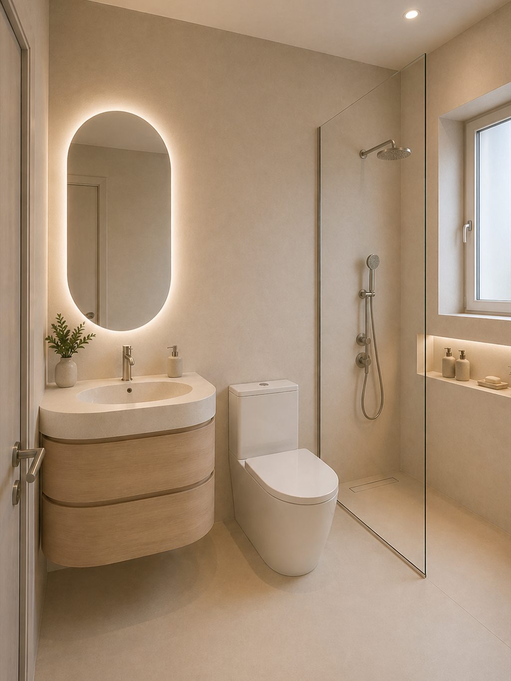 Baño en microcemento con espejo retroiluminado, mueble de madera y ducha de obra