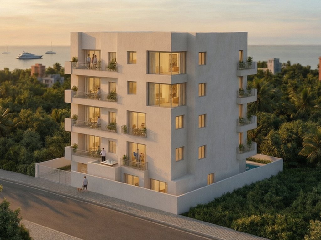 Residencia Cozumel al atardecer: las cuatro plantas de terrazas, el muro de la parcela y la carretera de acceso
