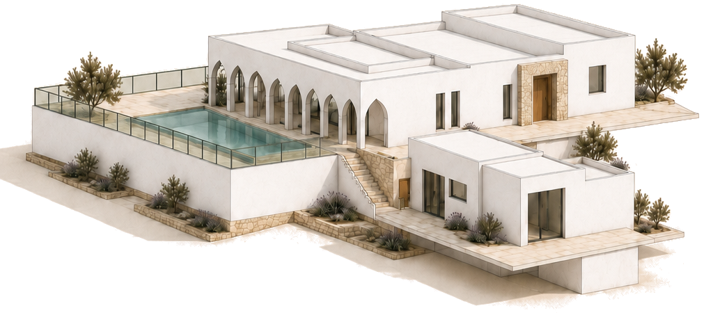 Axonometría desde el acceso: el patio de arcos sobre la piscina y el cuerpo de dormitorios al fondo