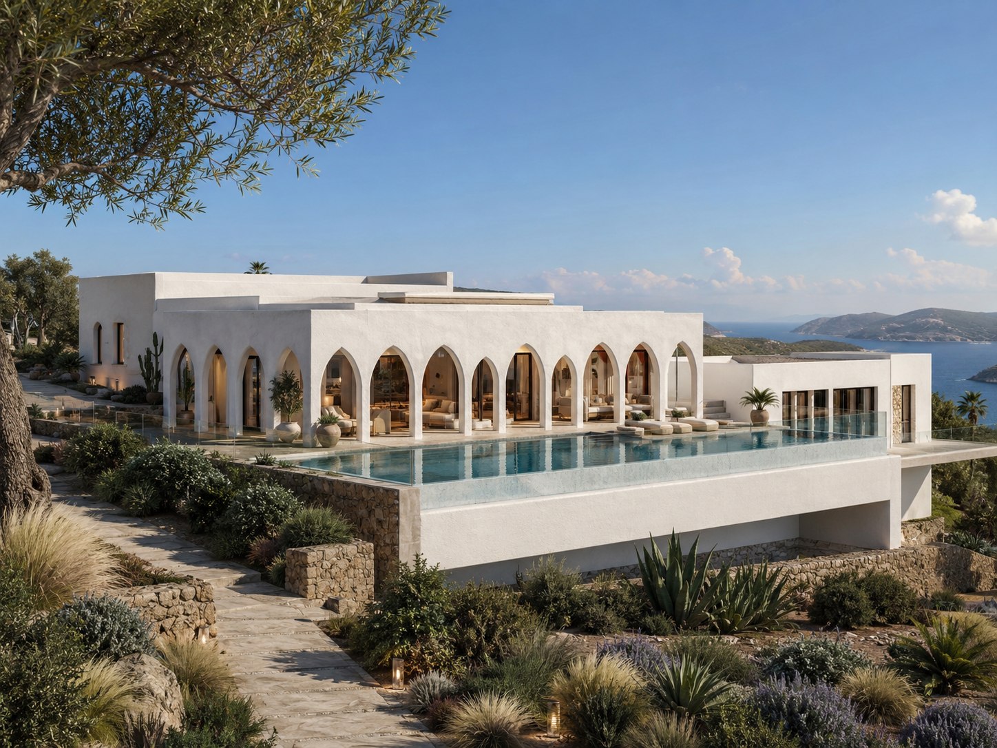 Villa Colina en la ladera, enmarcada por un olivo, con la piscina desbordante y el mar al fondo