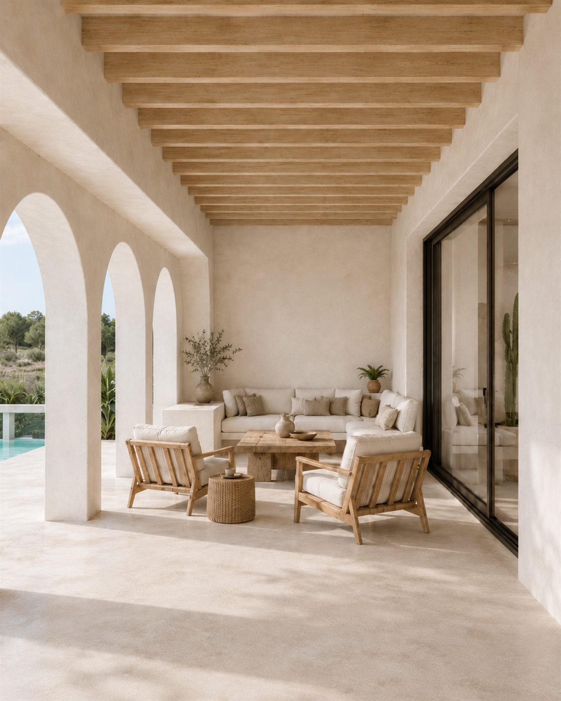 Porche cubierto con arcos y vigas de madera junto a la piscina