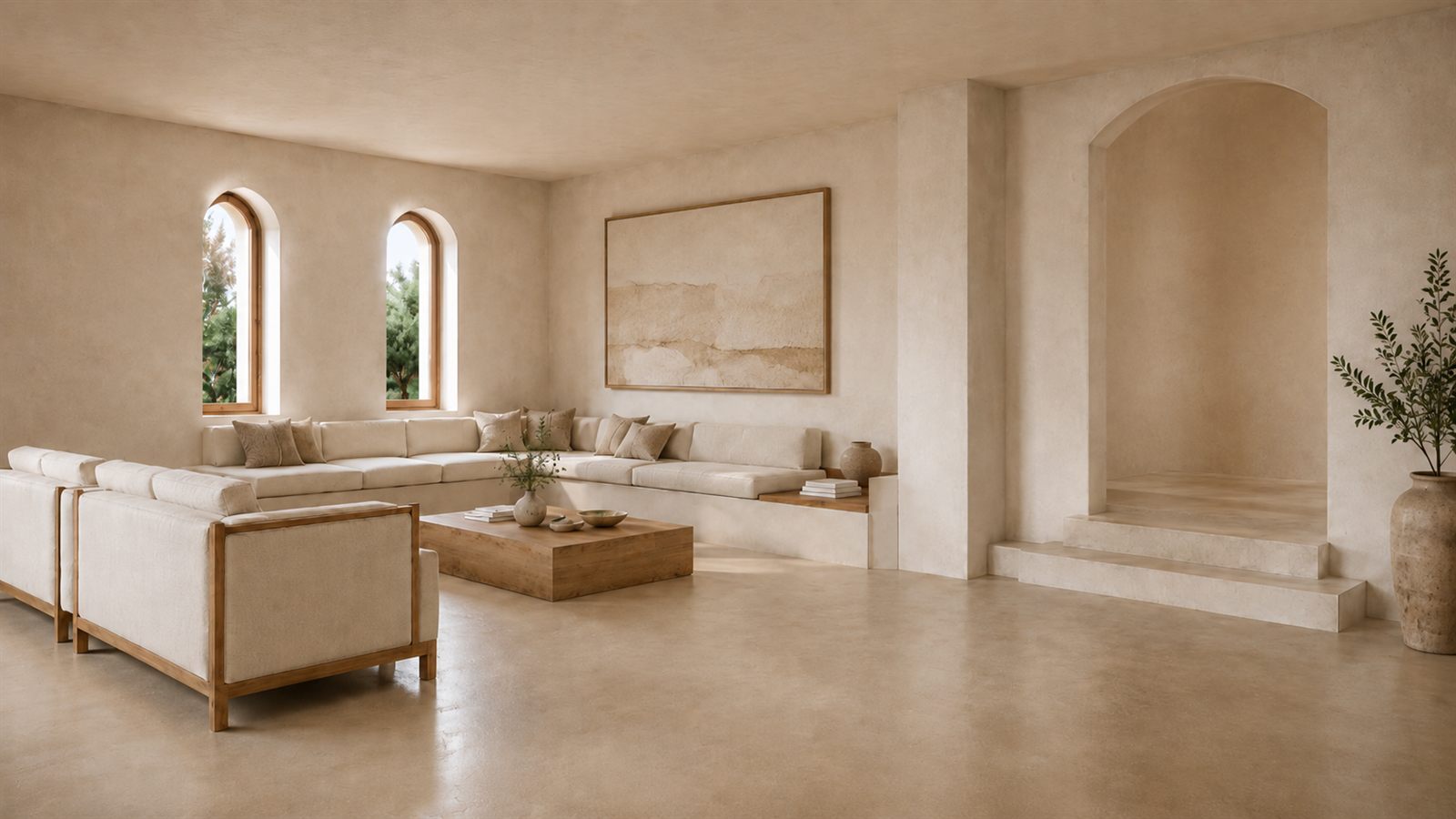 Salón en tonos cal con ventanas de arco y sofás de lino