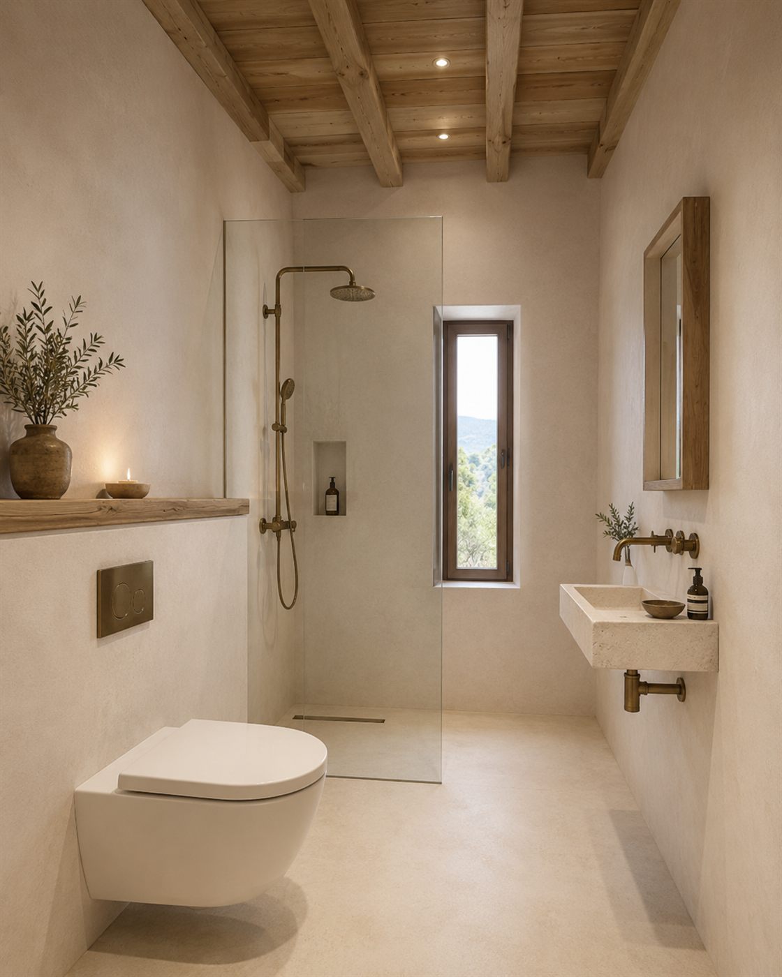 Baño en microcemento con ducha, lavabo de piedra y grifería en latón