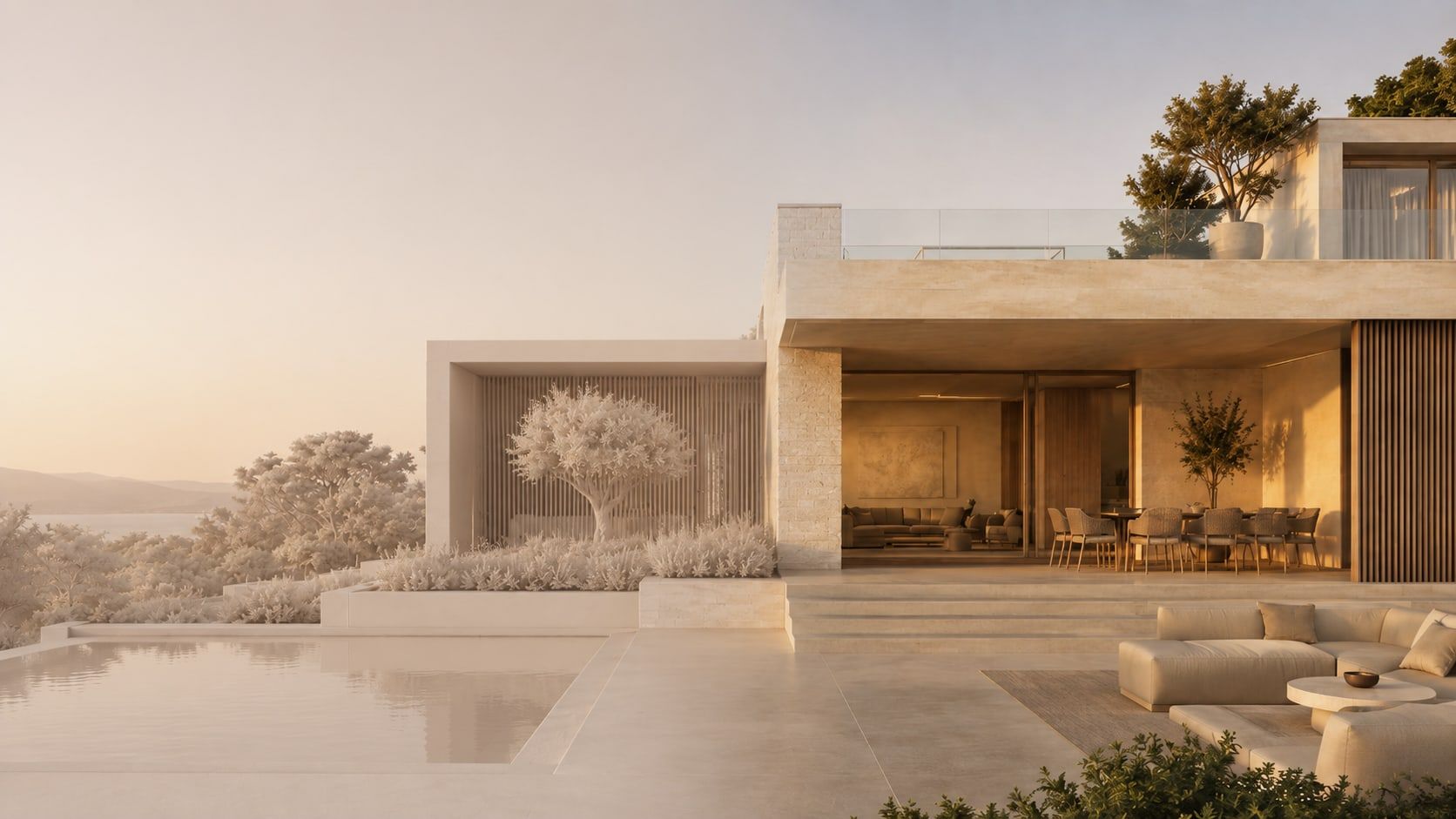 Render de una vivienda contemporanea de dos plantas con porche corrido, piscina larga y arbolado, en tonos arena