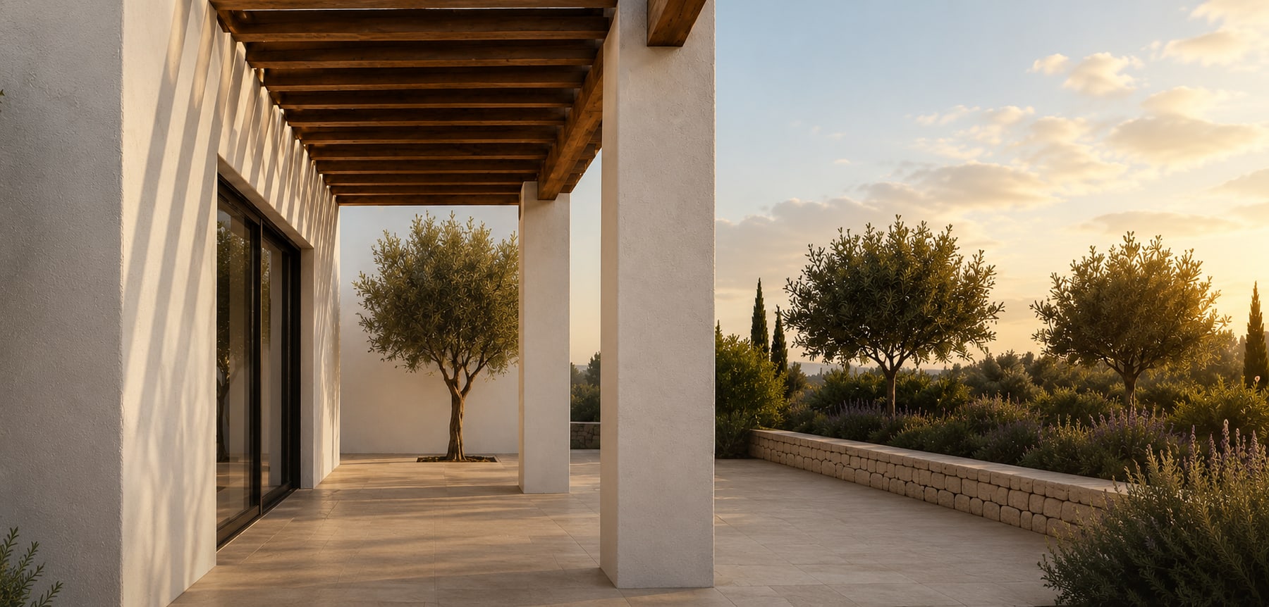 Porche de una vivienda mediterranea al atardecer, con pergola de madera, un olivo en el patio y un muro de piedra con lavanda al fondo