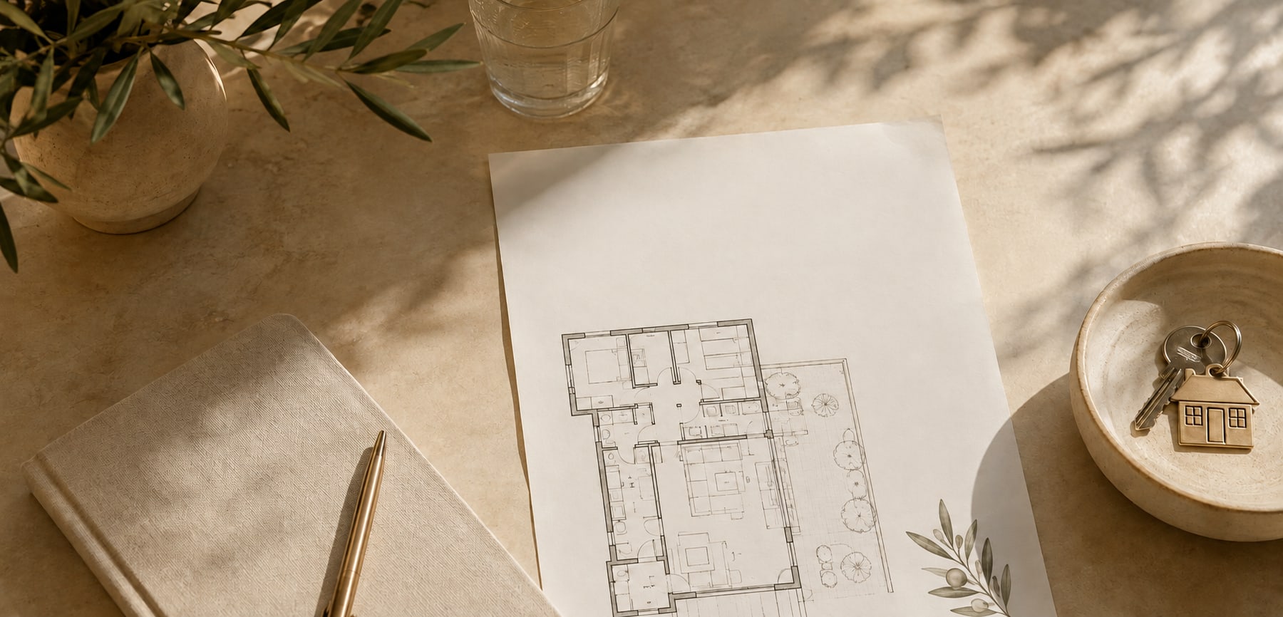 Plano de una vivienda sobre una mesa de piedra, junto a un cuaderno, un bolígrafo, un vaso de agua, una rama de olivo y unas llaves con llavero en forma de casa